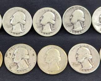 Silver Washington Quarters, Qty 10, Including Dates 1934, Qty 2, 1935, Qty 1, 1936, Qty 4, 1937, Qty 2, And 1939, Qty 1