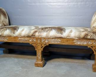 Rolled Arm Upholstered Dressing Bench With Carved Wood Base, 31" x 73" x 21"