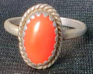 Sterling Silver And Red Coral Solitaire Ring, Size Unknown