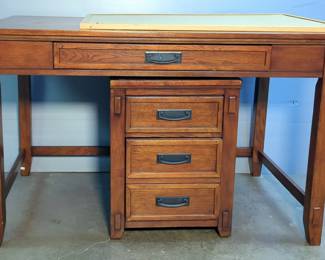 Mission Inspired Writing Desk, 30" x 48" x 28", 2-Drawer File Cabinet, 23" x 17" x 22", And Cork Bulletin Board, 36" x 24"