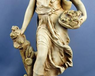 Classical Greek Statue, Chalkware, Woman With Flowers, 17.5" Tall