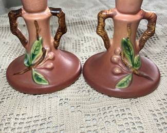 Roseville 1940's Apple Blossom on Pink, Candle Holder Pair, 352-41/2"