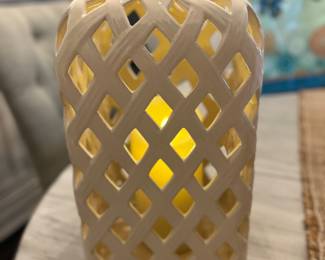 Valerie 14" Flickering Flame Lattice Ceramic Hurricane - Set of 2 (Ivory)