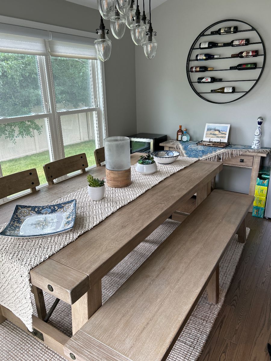 Beautiful Farmhouse PotteryBarn dinning table, chairs & bench….PB Hutch, runner, and scarf.