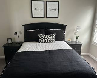 Beautiful Pottery Barn (full) bed set including mattress, nightstands and all bedding.