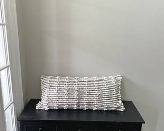 Black front entry way bench w baskets, pillow & hanging rack.