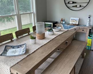 Beautiful Farmhouse PotteryBarn dinning table, chairs & bench….PB Hutch, runner, and scarf.