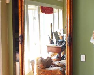A 19th century Victorian Renaissance Revival Period pier mirror. Walnut construction with carved detail features a shaped cornice over a central mirror flanked by Burl Walnut columns and a lower White marble shelf. Older finish with Gilded detail, some wear, lacks several small embellishments at top and lower base molding, shelf support is loose. 42 x 17 x 113 1/2" high overall. ESTIMATE $800-1,200 NOTE: This lot picks up from a Ypsilanti, Michigan home.