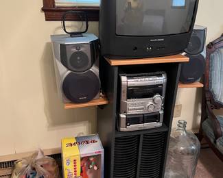 Tv, radio with stand, glass jug and toys
