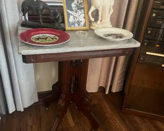 Antique walnut side table with marble top