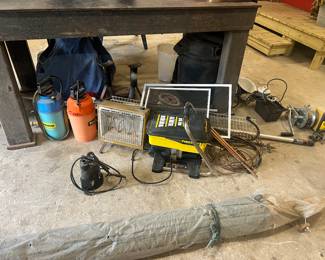 Heater, shop lights, umbrella, sprayers, shelving and more