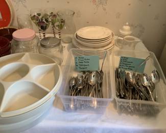 Two sets of flatware,  Corelle dishes