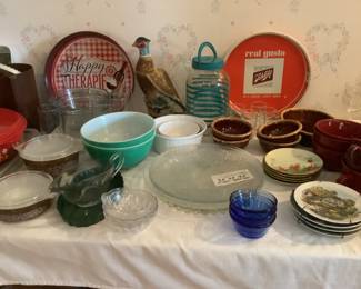 Vintage beer trays, decanter, Pyrex bowls