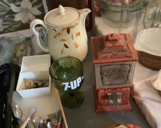 Jewel Tea pitcher, 7 up  glass and other kitchen items
