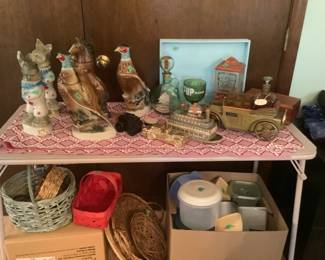 Terrific set of vintage decanters…animals and birds…empty.  Plus steamboat and car decanters…some with glasses