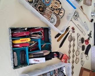 BELT BUCKELS, POCKET KNIVES, STRAIGHT RAZORS, GRANNY GLASSES, JEWELRY