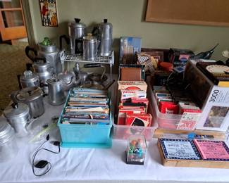ALUMINUM COFFEE POTS, POST CARDS, PLAYING CARDS, PUZZLE, GAMES