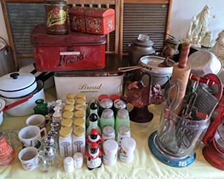 VINTAGE SALT AND PEPPER SETS, KITCHEN HAND TOOLS, BREAD BOXES