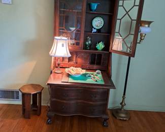 SERPENTINE FRONT SECRETARY 0NE 0F THREE AVAILABLE , BRASS FLOOR LAMP,  WOOD STOOL