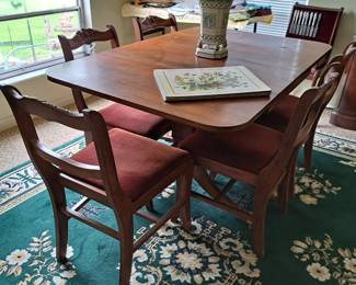 DUNCAN PHYFE DROP LEAF DINING TABLE PLUS 2 INSERTS NOT SHOWN, 5 ROSE BACK CHAIRS