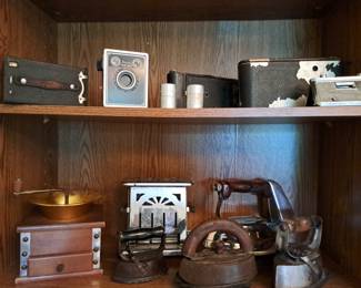 OLD CAMERA AND KITCHEN COLLECTIBLES