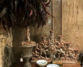 "Feathered" arrangement; heavy candle holder