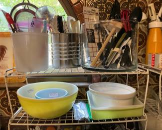 Lots of kitchen gadgets; vintage bowls