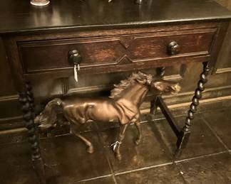 Barley twist antique table/desk; horse statue