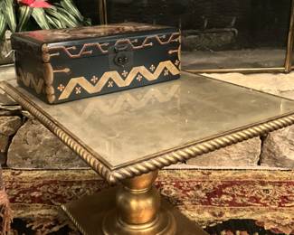 Small square gold side table; wooden decorative box