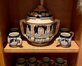 Gerz German Castle Stoneware Punch Bowl Set with 12 Steins & Tureen