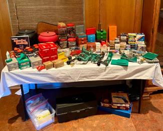 2 quality tumblers, Bullet reloading equipment, gun powder, primers, bullets in various calibers, brass and steel cartridges in various calibers, and complete bullet and shotgun shells