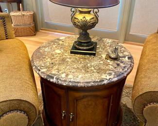 Pair of Maitland Smith Cast Bronze Lamps with Leather Shades / Henredon Marble Top side table