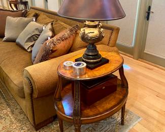 Louis 16th Style Henredon Side Table - Pair of Maitland Smith Cast Bronze Lamps with Leather Shades