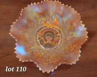 Good Luck marigold carnival glass bowl
