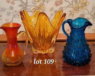 Vintage art glass, vase and pitchers
