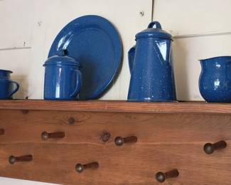Wood shaker shelf and enamelware