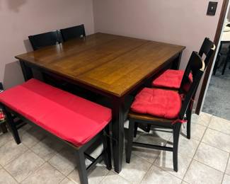 Cherry Wood/Black Dining Set with Chairs and Bench