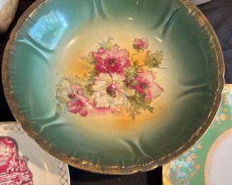 Antique Ombre Green Fancy Yellow Roses and Violets Serving Bowl