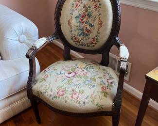 Antique French Carved Walnut Petite Point Aubusson Tapestry Bergere Armchair 