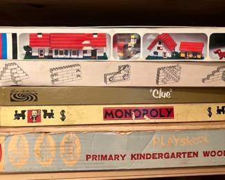 vintage monopoly, playskool wood blocks, vintage clue