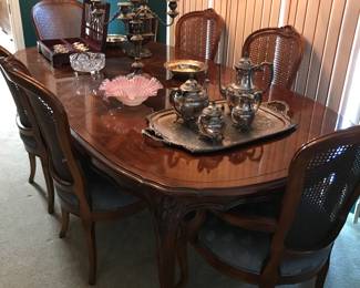 French Provincial Dining Table and Six Cane Back Chairs by Century