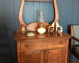 Antique Oak Washstand, Oil Lamp, Onyx Bookends