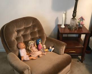 Velvet Occasional Chair, Pair Mid-Century Night Stands, Pair Column Lamps