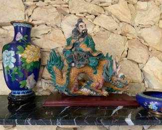Blue Cloisonné Vases(there are two), Asian Roof Tile Sculptures