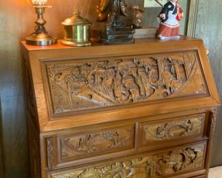 Vintage Asian Hand Carved Drop Lead Secretary 