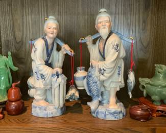 Carved Jade, Blue/White Porcelain Couple