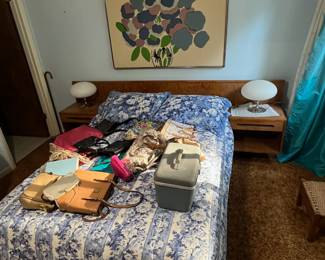 Vintage handbags; bedding; MCM headboard; MCM lamps; atomic age lamps