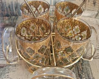 Vintage 4 Culver Valencia 22 kt Gold & Green Highball Tumblers w/ Coasters