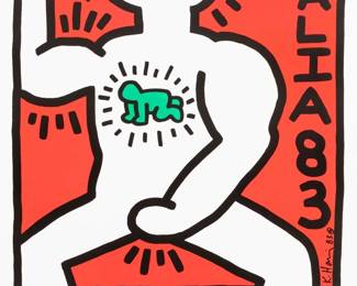 Keith Haring - Italia 1983. Lucio Amelio - Napoli Maggio, 1983

27 x 18.5 inches, 68.6 x 47.0 cm
Signed and dated ‘83 right vertical with trademark symbol in plate
Poster Lucio Amelio Gallery, Napoli,
Reference: Haring Posters, 7; PAI-LXXXII, 291
Good condition with signs of age