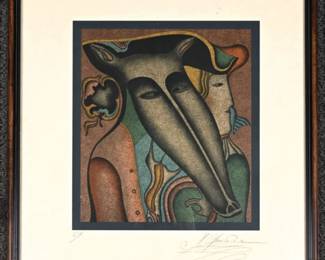 Extra-rare original color hand-pulled signed by hand in pencil lithograph by Mihail Chemiakin "Gendarme and Rebecca" from the series 'Metaphysical Images' (1988)